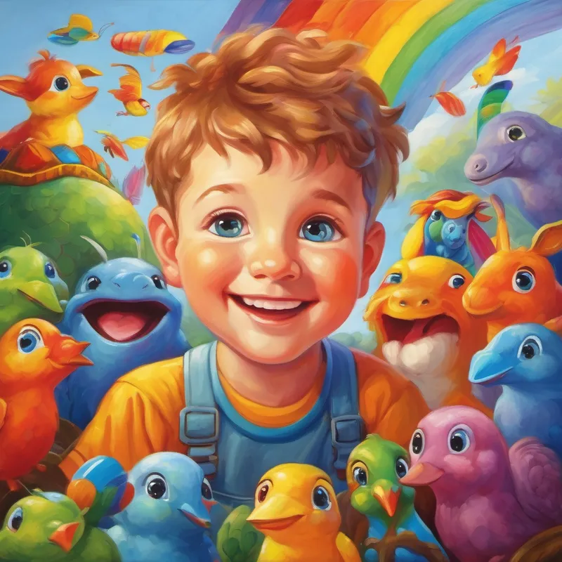 Giant boy with a kind smile and curious eyes and his rainbow friends having fun together