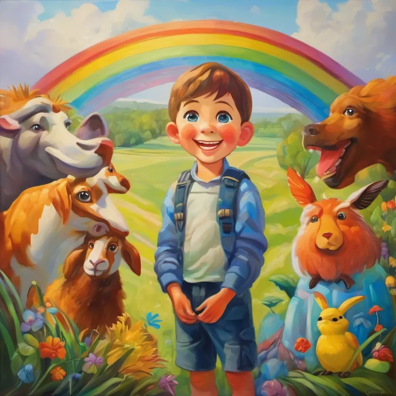 Giant boy with a kind smile and curious eyes and his rainbow friends showing gratitude