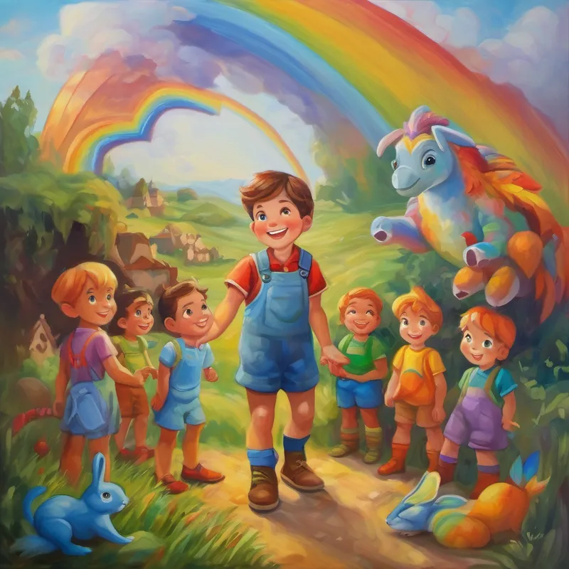 Giant boy with a kind smile and curious eyes and his rainbow friends making a promise