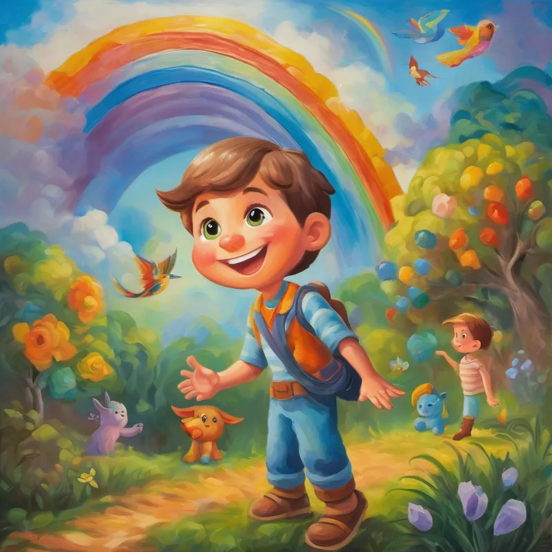 Giant boy with a kind smile and curious eyes waving goodbye to his rainbow friends