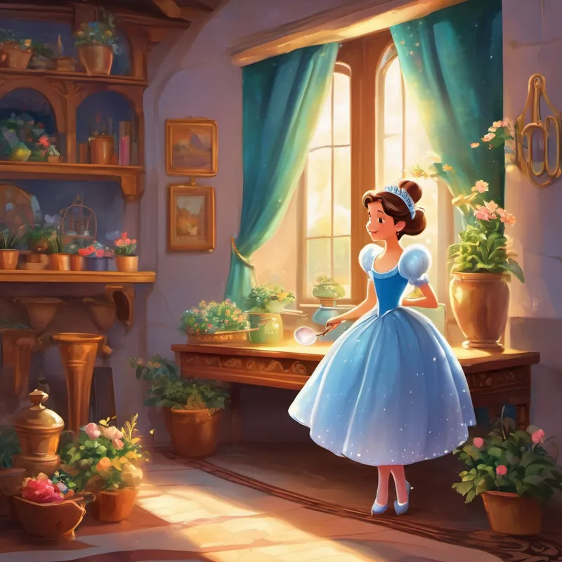 Once upon a time, in a faraway land, there lived a young girl named Cinderella. She was a kind and gentle soul, always dreaming of a world filled with magic and wonder. Cinderella had a stepmother and two stepsisters who treated her poorly, making her do all the chores while they enjoyed a life of leisure. One day, while Cinderella was scrubbing the floors, a little lady with a twinkle in her eyes appeared before her. "Don't be sad, my dear," she said in a gentle voice. "I am your Fairy Godmother, and I have something magical to share with you."