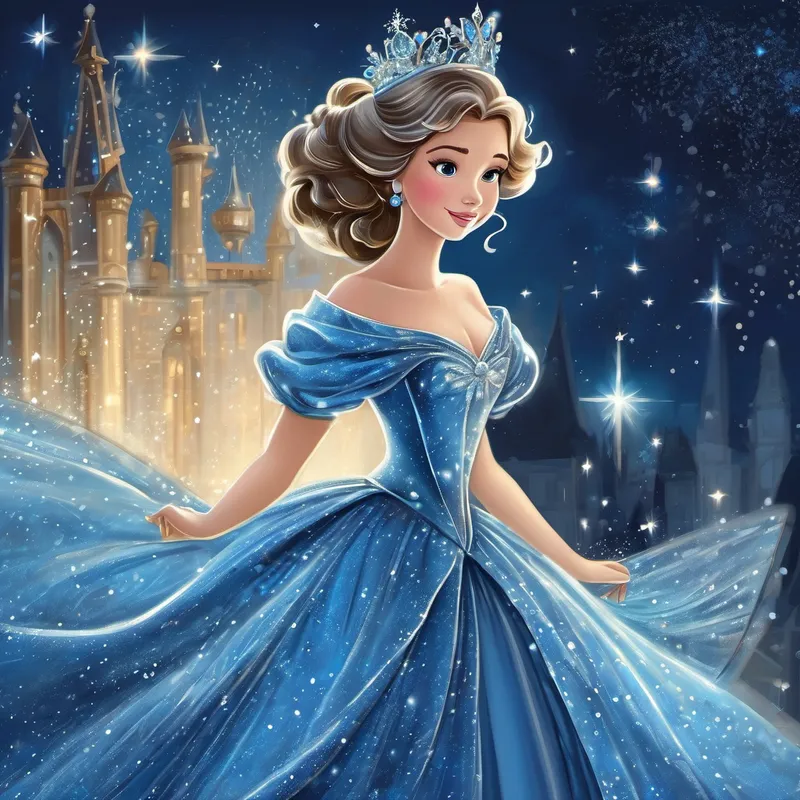 With a wave of her wand, the Fairy Godmother transformed Cinderella's tattered dress into the most exquisite gown ever seen. It shimmered in a beautiful shade of blue, with intricate patterns of delicate silver stars that glittered like a midnight sky. "But that's not all, my dear," said the Fairy Godmother. With another wave, she gave Cinderella a pair of glass slippers that sparkled like diamonds.