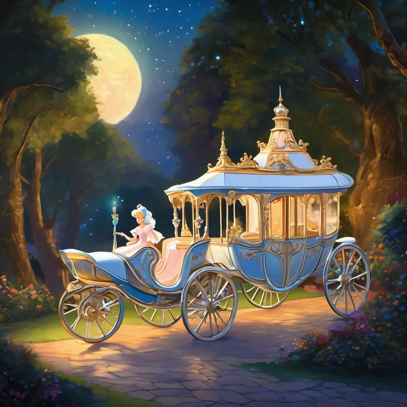 The Fairy Godmother then warned Cinderella, "Remember, my dear, this magic will only last until midnight. Once the clock strikes twelve, everything will return to its original state." Overwhelmed with happiness, Cinderella thanked the Fairy Godmother and promised to be back before midnight. She hurried into a magnificent carriage, drawn by four white horses, and headed for the grand royal ball.