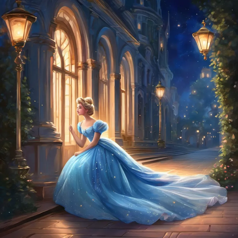 At the ball, Cinderella's beauty attracted all the attention. People marveled at her magical dress, whispering amongst themselves about the mysterious and enchanting girl. Even the prince was captivated by her grace and charm. As the night went on, Cinderella completely lost track of time. When she heard the first chime of the clock striking midnight, she knew she had to leave. She gracefully ran away from the ball, leaving everyone in awe of her sudden disappearance.