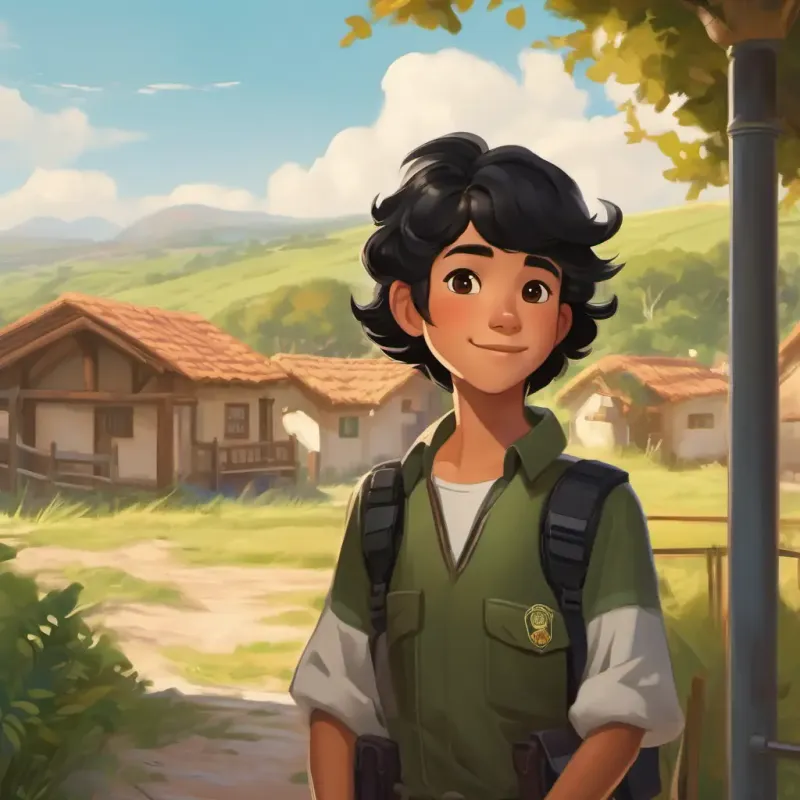 Introduction of Da, a diligent student with tan skin, black hair, friendly brown eyes, a student in a border patrol school village