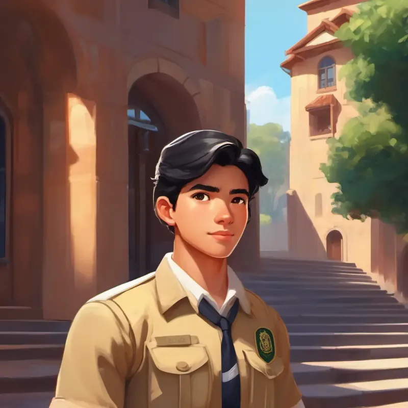 Da, a diligent student with tan skin, black hair, friendly brown eyes in school, training to become a border patrol officer