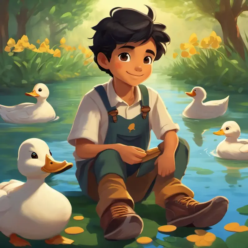 Da, a diligent student with tan skin, black hair, friendly brown eyes with his ducks, favorite catfish ducks