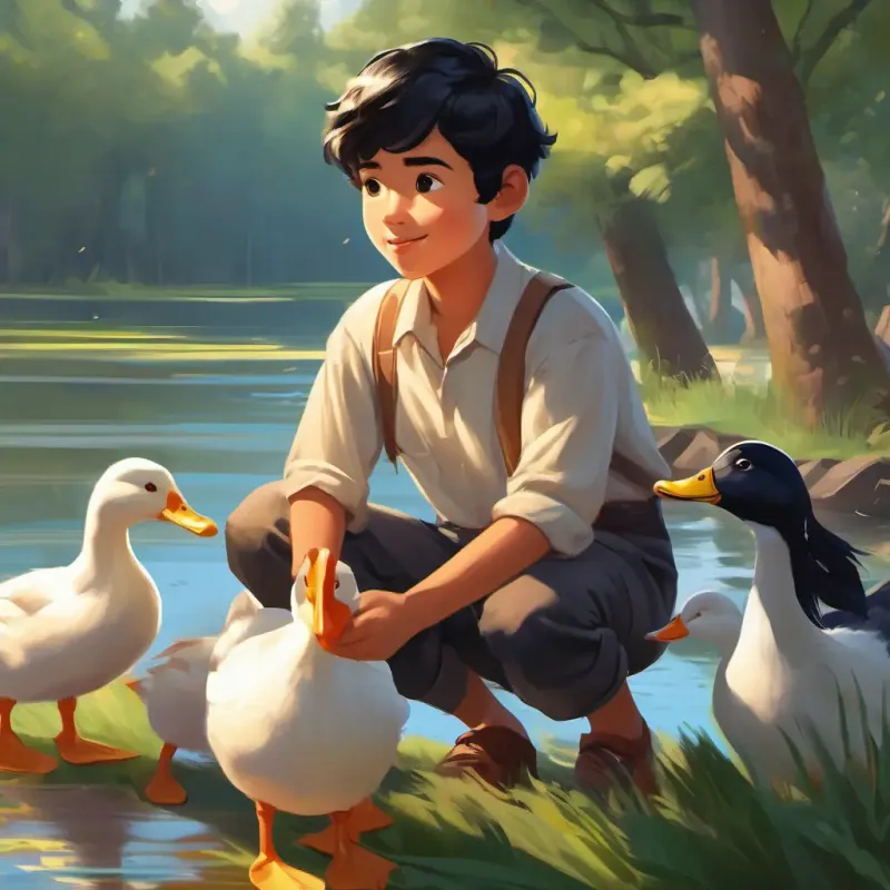 Da, a diligent student with tan skin, black hair, friendly brown eyes preparing to catch ducks for sale