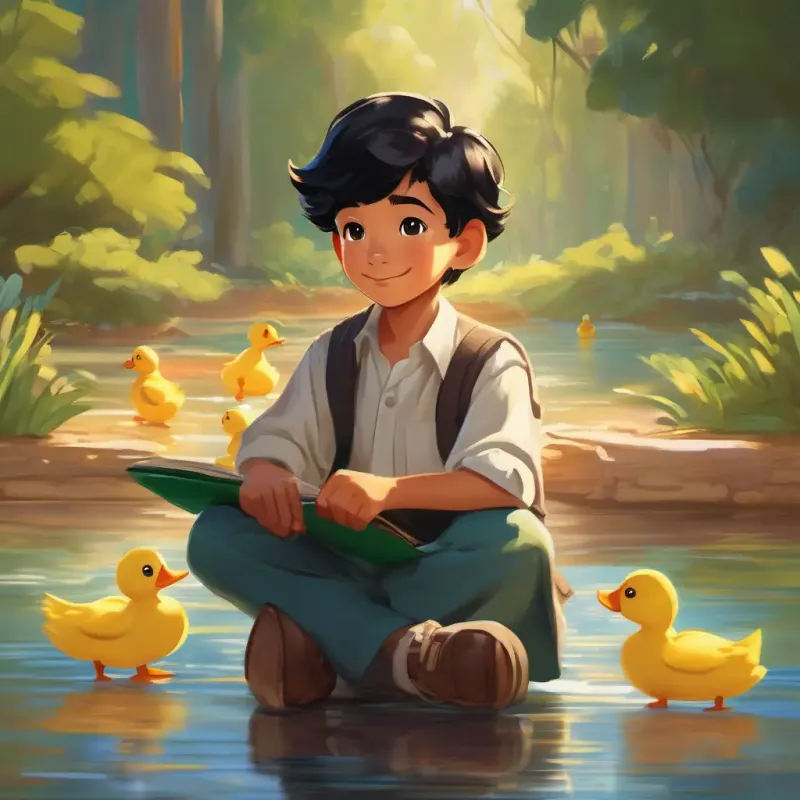 Da, a diligent student with tan skin, black hair, friendly brown eyes investing earnings in his ducks and education
