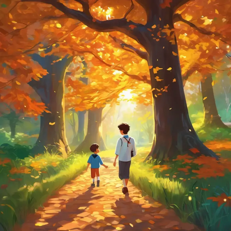A happy-go-lucky 13-year-old boy, with twinkling eyes and a vibrant spirit and A kindhearted and brave doctor, radiating warmth and love with every step are in a vibrant park, near a big, old oak tree. The sun shines through the leaves, creating dappled patterns on the ground. Birds sing in the distance, and a gentle breeze rustles the branches.