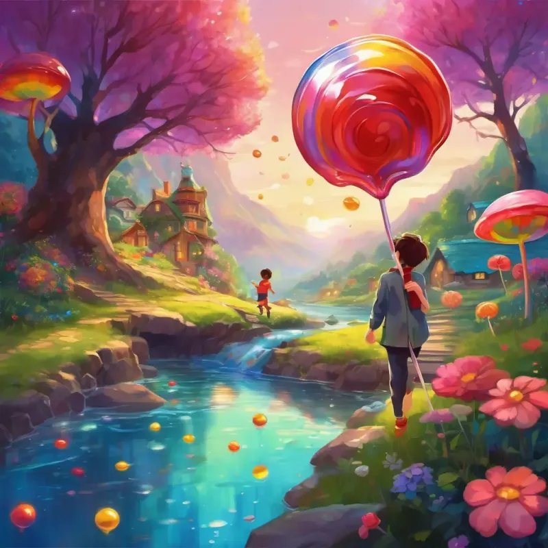 A happy-go-lucky 13-year-old boy, with twinkling eyes and a vibrant spirit and A kindhearted and brave doctor, radiating warmth and love with every step frolic in a whimsical wonderland, surrounded by vibrant colors and fantastical sights. There are candy rivers flowing and giant lollipops growing, creating a magical and sweet atmosphere. The air is filled with laughter and happiness, and the ground feels soft and springy beneath their feet.