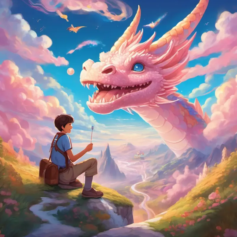 A happy-go-lucky 13-year-old boy, with twinkling eyes and a vibrant spirit and A kindhearted and brave doctor, radiating warmth and love with every step are soaring through a cotton-candy sky on the back of a friendly dragon. The sky is a swirl of pastel colors, and the air is filled with the scent of sweet treats. Trails of glitter follow behind them as they soar, and the landscape below is a blend of fantastical scenery, with a magical well at the center.