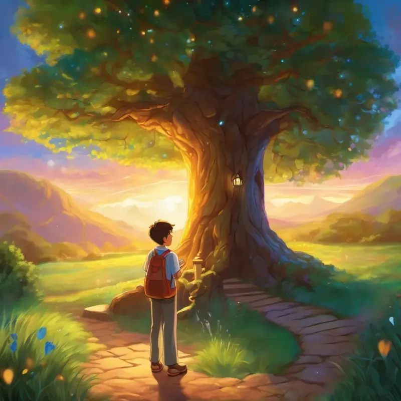 A happy-go-lucky 13-year-old boy, with twinkling eyes and a vibrant spirit and A kindhearted and brave doctor, radiating warmth and love with every step are saying their goodbyes, standing in front of the glowing door embedded in the magical tree. The tree lets off a shimmering light, casting a warm glow around them. The air is filled with a sense of gratitude and happiness, and the ground feels solid and reassuring beneath their feet.