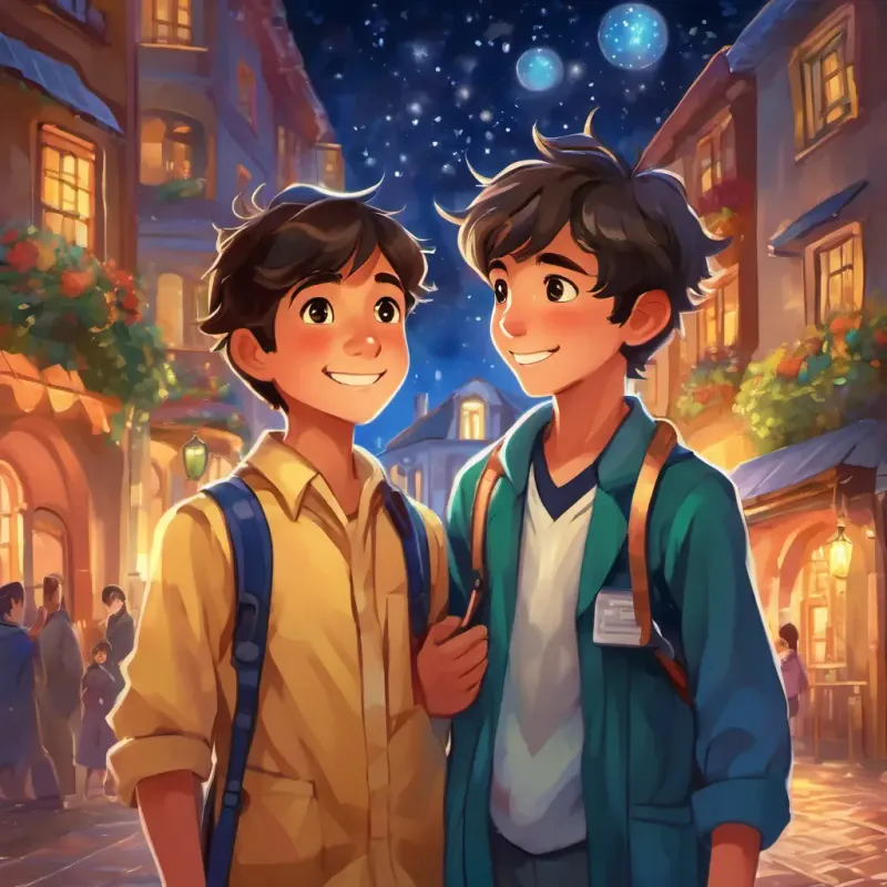 A happy-go-lucky 13-year-old boy, with twinkling eyes and a vibrant spirit and A kindhearted and brave doctor, radiating warmth and love with every step are back in their familiar world, standing arm in arm with smiles on their faces. The night sky is filled with twinkling stars, and a sense of warmth and contentment fills the air. The scene is peaceful and filled with love, as they prepare to end their day and journey into their dreams.