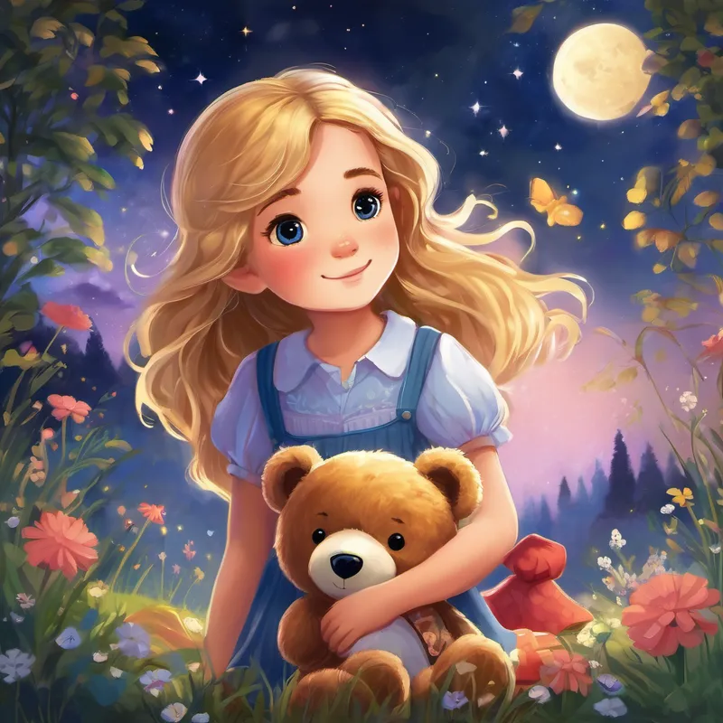 Once upon a time, in the magical land of Dreamland, there lived a little girl named Emma. Emma was a kind-hearted and imaginative girl who loved to explore the world around her. Every night, when the day came to an end, Emma would bring her favorite stuffed animal, a cuddly teddy bear named Teddy, to bed with her. One beautiful evening, as Emma was tucked into bed and ready to drift off to sleep, she cuddled Teddy and closed her eyes. Little did she know that this would be no ordinary night. As the moon shone brightly, a sprinkle of stardust fell upon Emma's face, and she suddenly found herself in a world she had never seen before.