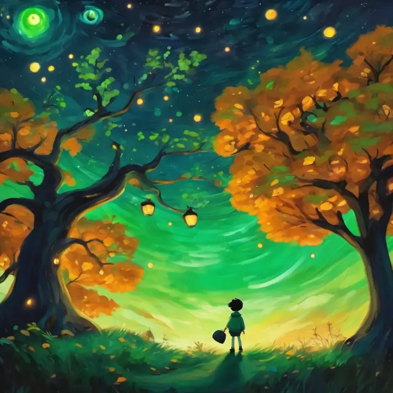 The first page shows Green with big friendly eyes and a wide smile standing beside a towering tree, looking up at the starry sky with excitement.