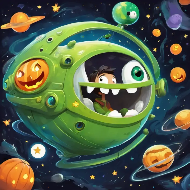 The second page features Green with big friendly eyes and a wide smile in his makeshift spaceship, surrounded by swirling stars and planets, with a big grin on his face.