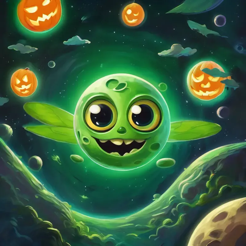 The third page depicts Green with big friendly eyes and a wide smile approaching each planet, marveling at their unique features with wide, curious eyes.