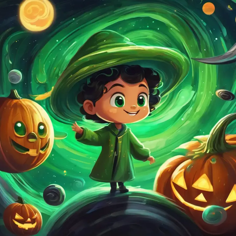 The fourth page shows Green with big friendly eyes and a wide smile surrounded by the swirling storms of Jupiter and the twirling rings of Saturn, moving and grooving to the rhythm of the planets.