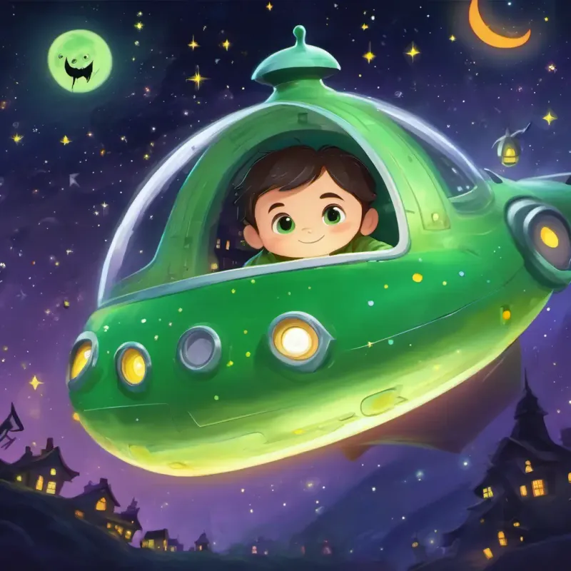 The final page depicts Green with big friendly eyes and a wide smile snuggled up in his spaceship, surrounded by twinkling stars and a peaceful, sleepy atmosphere.