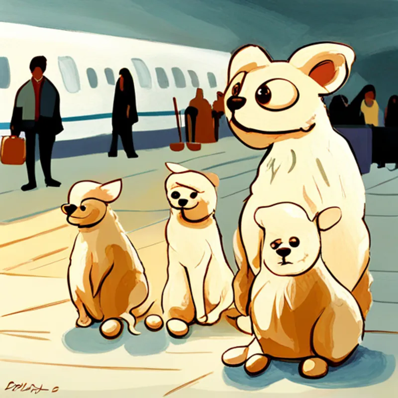 Cream-colored pulipoo with floppy ears and a wagging tail, a cream-colored pulipoo with his family in an airport