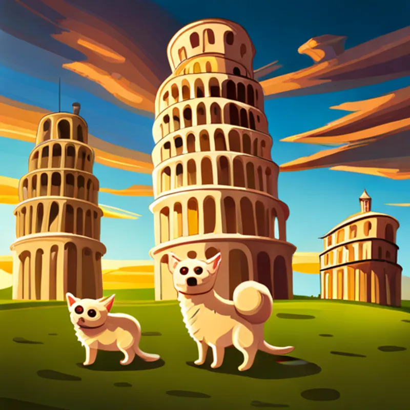 Cream-colored pulipoo with floppy ears and a wagging tail and his family standing next to the leaning Tower of Pisa
