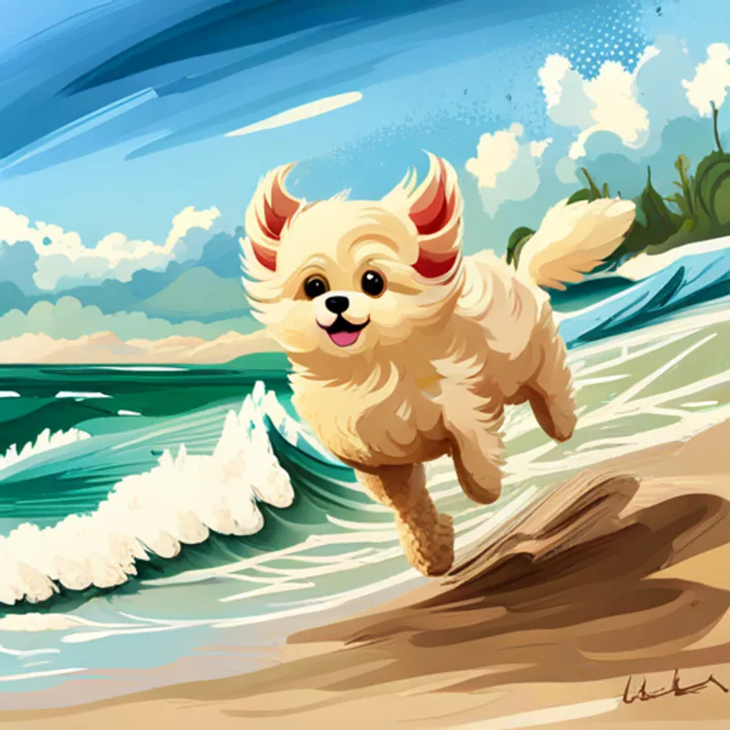 Cream-colored pulipoo with floppy ears and a wagging tail running on a sandy beach and splashing in the waves