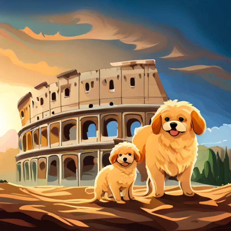 Cream-colored pulipoo with floppy ears and a wagging tail and family standing in front of the Colosseum