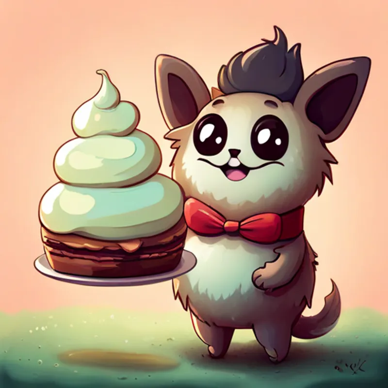 Cream-colored pulipoo with floppy ears and a wagging tail eating gelato with a big smile on his face