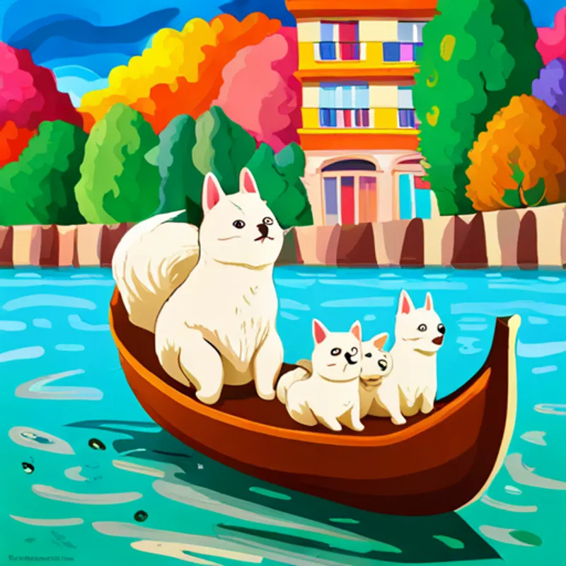 Cream-colored pulipoo with floppy ears and a wagging tail and family on a gondola with colorful buildings in the background