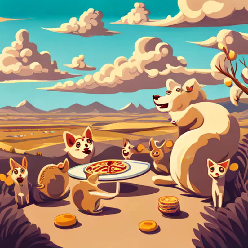 Cream-colored pulipoo with floppy ears and a wagging tail and family enjoying pizza in a picturesque countryside