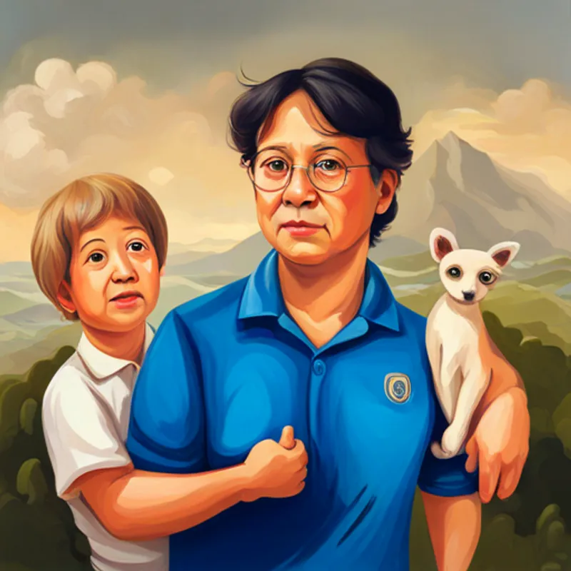 Cream-colored pulipoo with floppy ears and a wagging tail and family with famous artworks like the Statue of David