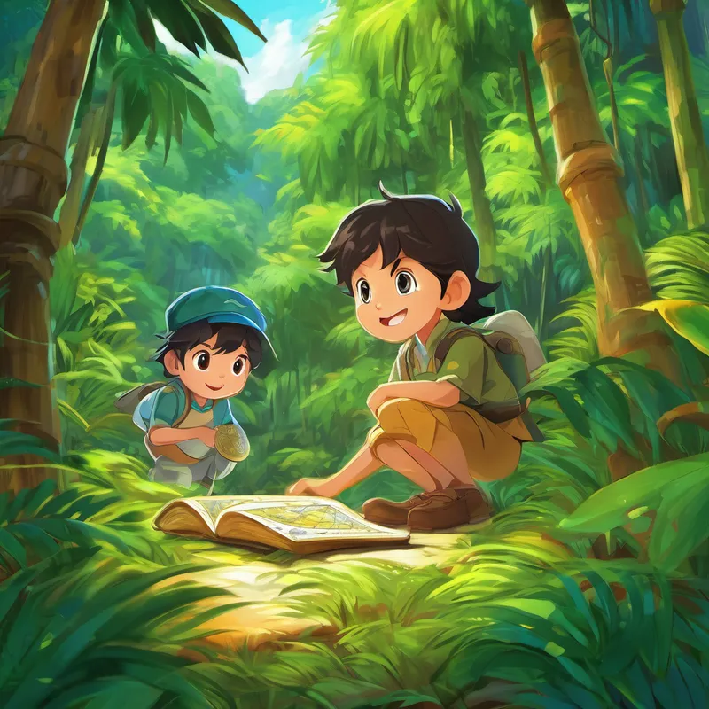 One day, as they were playing hide-and-seek in the forest, Gartai stumbled upon a beautiful treasure map. It showed the path to the legendary Golden Coconut buried deep within the forest. Gartai's eyes gleamed with excitement, and he knew it was a treasure worth finding. Eagerly, Gartai shared the news with Tao, who was just as thrilled to embark on this treasure hunt. Determined, the two friends set off into the dense jungle, following the map's clues.