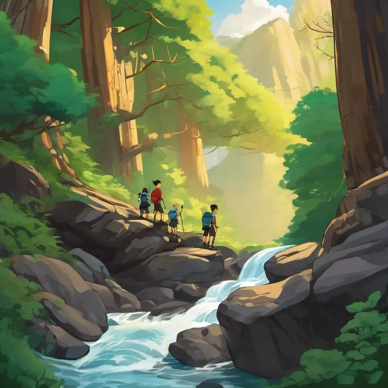 Through tall trees, over rocky terrain, and across rushing streams, Gartai and Tao persevered, their friendship growing stronger with each adventure they encountered. They faced challenges along the way, but with Gartai's strength and Tao's wisdom, they overcame all obstacles. They helped each other climb steep cliffs, crossed treacherous bridges, and even braved a storm together.