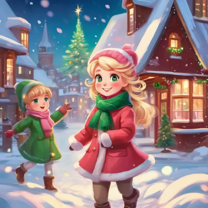 North Pole, Blonde hair, blue eyes, pink cheeks Dressed in a red coat and Brown hair, green eyes, rosy cheeks Wearing a green scarf playing in the snow