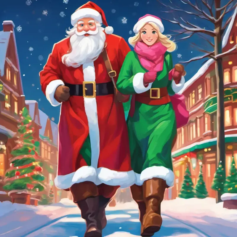 Santa and Mrs. Claus walking towards Blonde hair, blue eyes, pink cheeks Dressed in a red coat and Brown hair, green eyes, rosy cheeks Wearing a green scarf