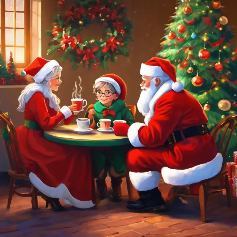 Enjoying hot chocolate and chatting with Santa and Mrs. Claus