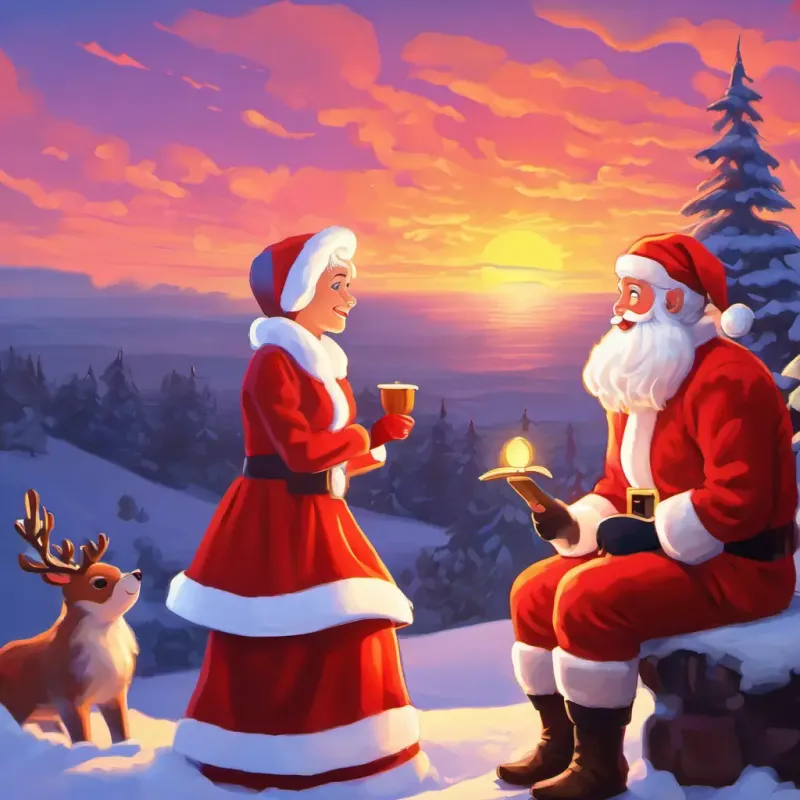 Santa and Mrs. Claus telling stories at sunset