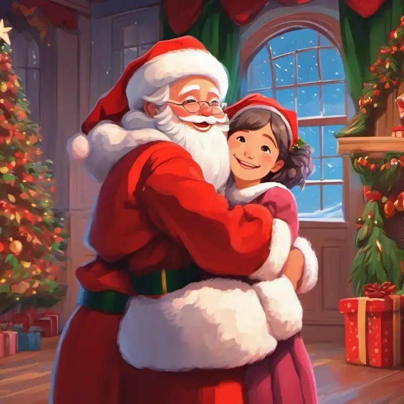Girls hugging Santa and Mrs. Claus, farewell