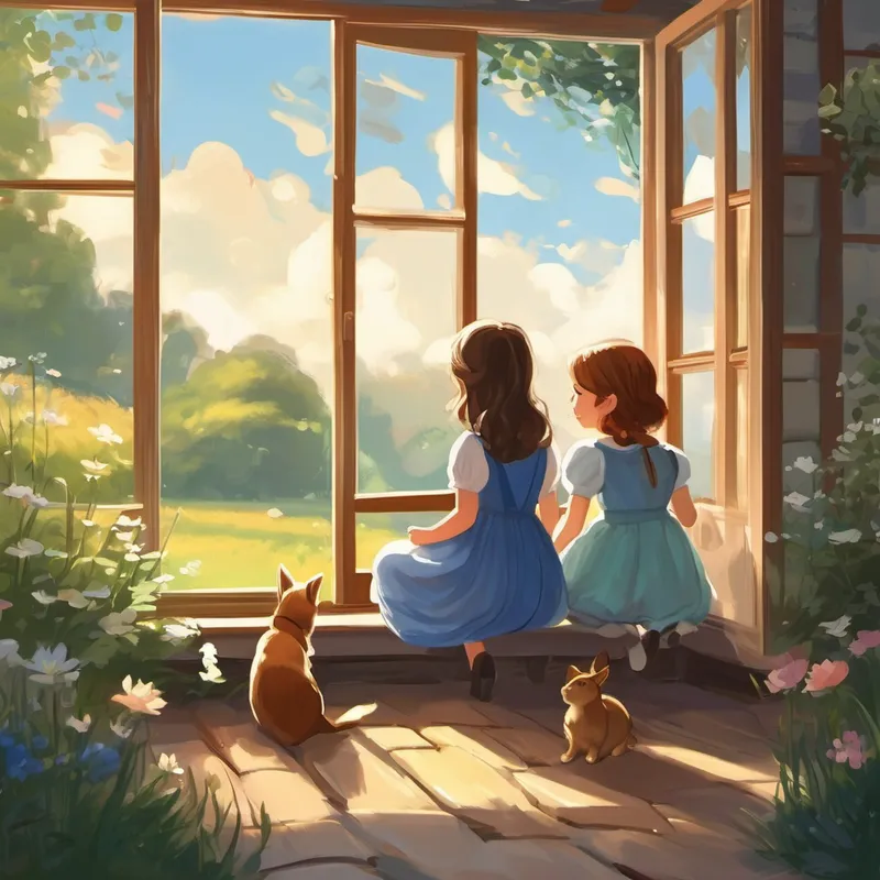 One sunny morning, as the sunlight danced through the cottage windows, the sisters sat on their doorstep, feeling a bit down from their usual squabbles. Suddenly, they heard a soft, melodic voice nearby, singing a beautiful lullaby. Both girls followed the sound, curious about who it could be. The enchanting voice led them deep into the meadow, where they discovered a friendly fairy named Pebble. With her tiny wings and sparkling blue dress, Pebble gently landed on a flower petal, smiling at the sisters.