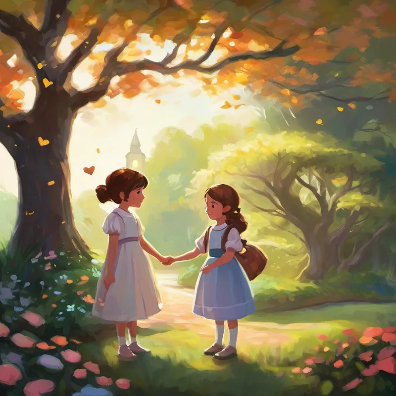 "Dear Annabelle and Elise, I have a special gift for both of you," said Pebble, her voice as delicate as a whisper. "I see how much love you have for each other, but your daily arguments are hurting your bond. So, I'm giving each of you a magic bracelet. Whenever you put it on, it will remind you of your love for one another and help you find peace." Annabelle and Elise were intrigued by Pebble's gift, filled with hope that it would strengthen their relationship. They thanked the fairy with all their hearts and hurried back home.