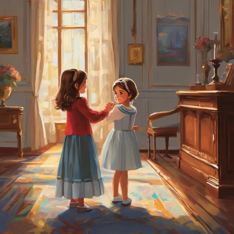 When Annabelle walked into the room, her eyes grew wide with awe. "Elise, this painting is incredible! I can't believe you did this for me." Tears welled in her eyes as she hugged her younger sister tightly, feeling their bond stronger than ever before. From that day on, whenever Annabelle and Elise started to argue, they would touch their magic bracelets and remember the love they shared. They saw the beauty in each other's talents and began working together, creating extraordinary paintings and enchanting melodies.
