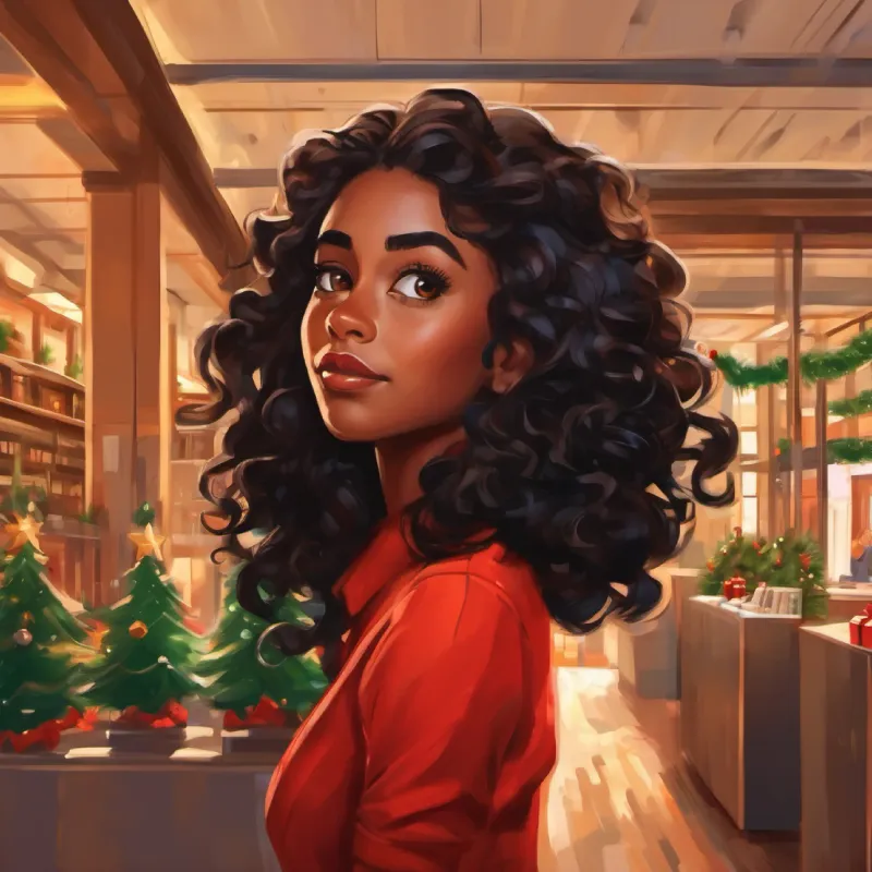 Ambitious, brown skin, expressive brown eyes, curly black hair enters the Innovatech building, feeling nervous about her new job.