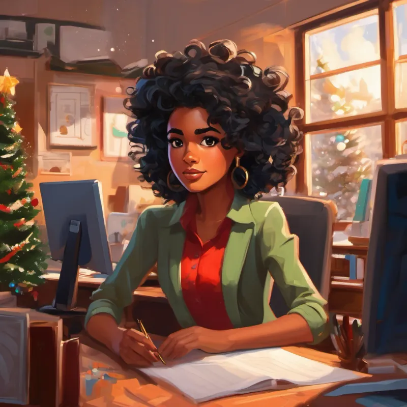 Ambitious, brown skin, expressive brown eyes, curly black hair encounters the open office and confronts her urgent project deadline.