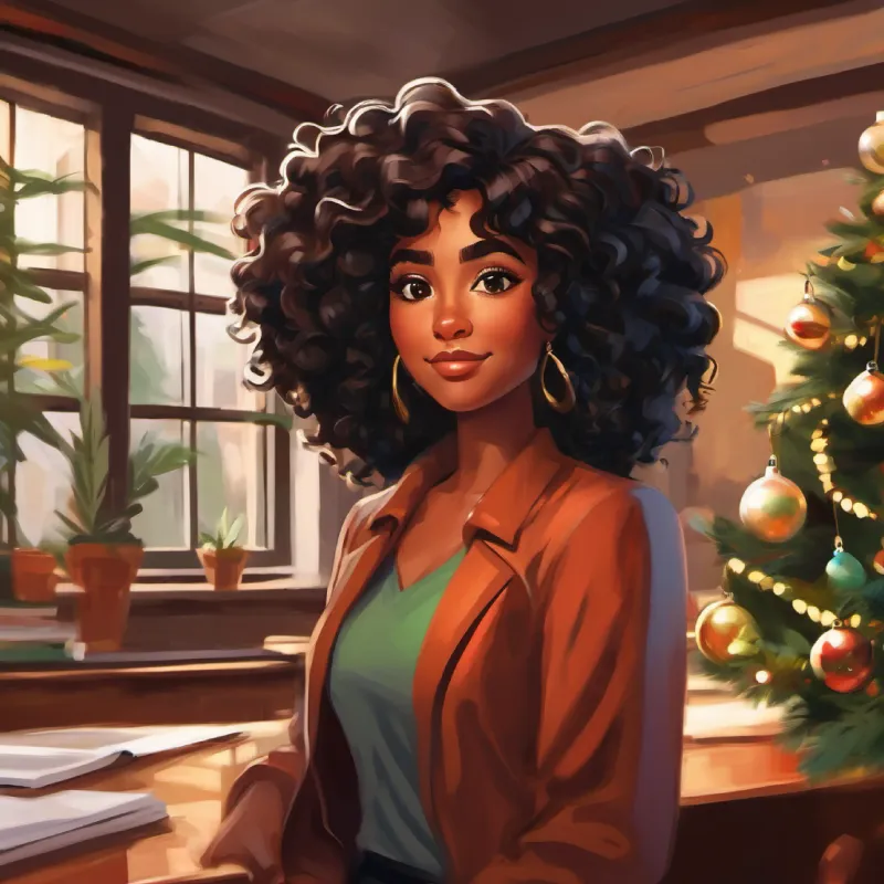 Ambitious, brown skin, expressive brown eyes, curly black hair becomes a mentor for new hires, reflecting on her growth.