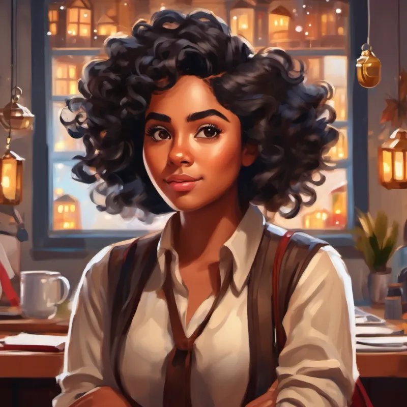 Ambitious, brown skin, expressive brown eyes, curly black hair struggles with the pace and jargon of her new job.