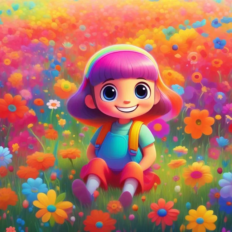 Rainbow-colored character with big round eyes, always smiling sitting on a colorful meadow, surrounded by bright flowers