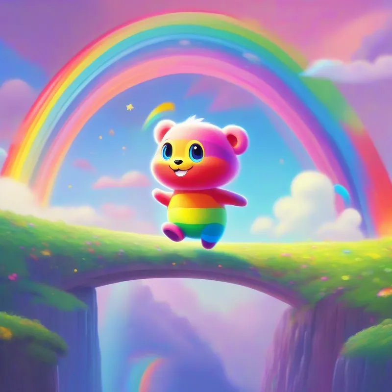 Rainbow-colored character with big round eyes, always smiling jumping over a rainbow bridge with a joyful expression