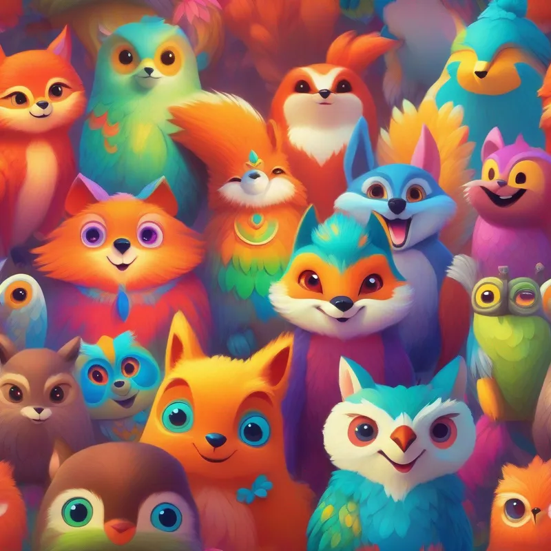 Rainbow-colored character with big round eyes, always smiling surrounded by a wise owl, a grinning fox, and a playful squirrel