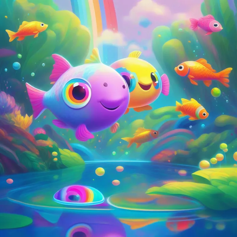 Rainbow-colored character with big round eyes, always smiling gazing at its reflection in the colorful pond, while a rainbow fish jumps next to it